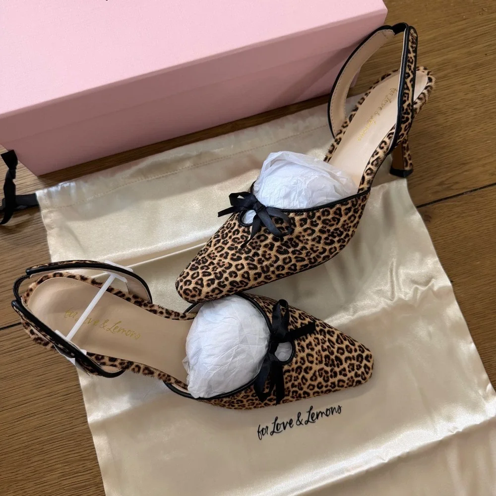 For Love & Lemons Lyana Leopard Print Slingback Kitten Heels Bow Pointed Toe 37